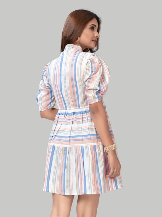 Peach stripe fit & flare cotton dress with collar neck and short sleeves

