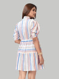 Peach stripe fit & flare cotton dress with collar neck and short sleeves

