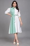 Comfortable belt light green colourblock cotton fit & flare dress


