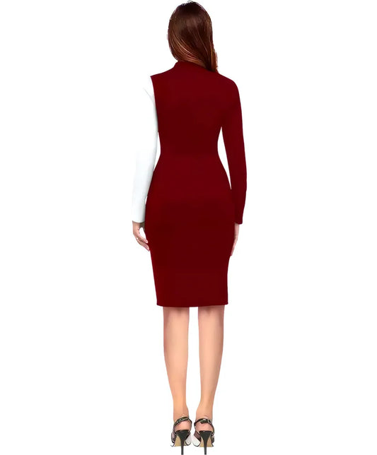Comfortable maroon & white colourblock polyester bodycon dress with knee length by ZELZIS

