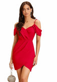 Comfortable red solid knee-length dress with shoulder strap neck by ZELZIS

