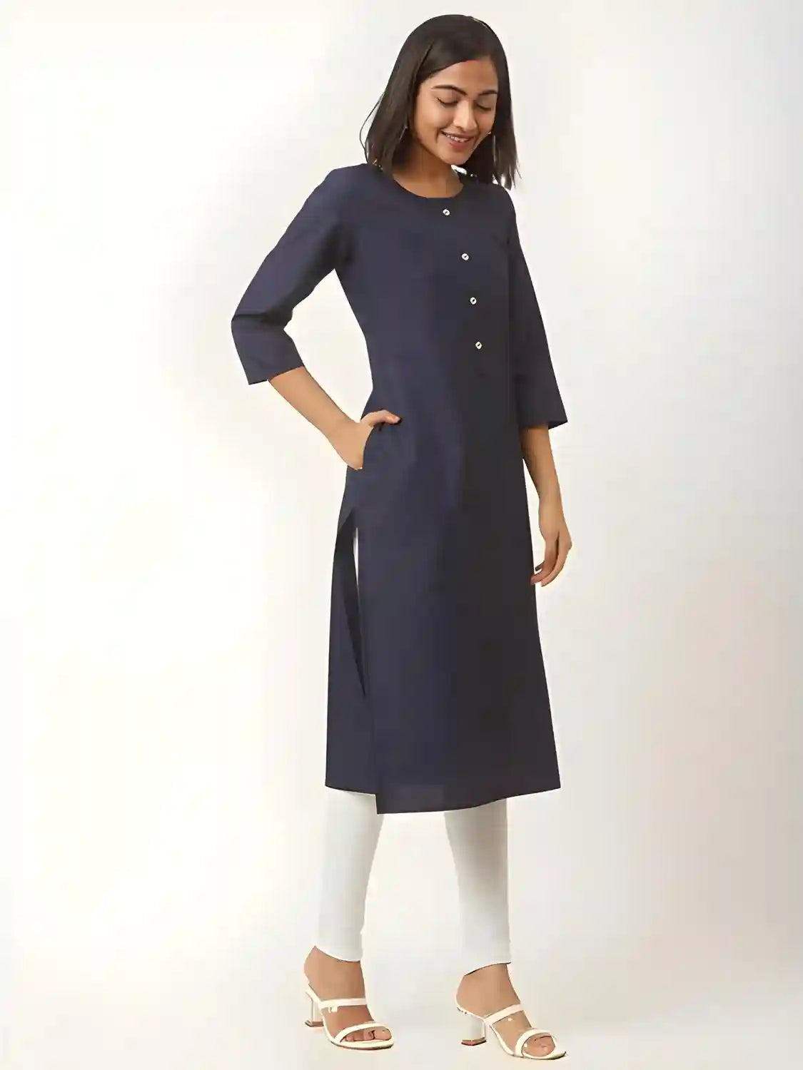 comfortable blue calf length cotton kurti for daily use
