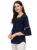 comfortable blue hip length tunic top with round neck
