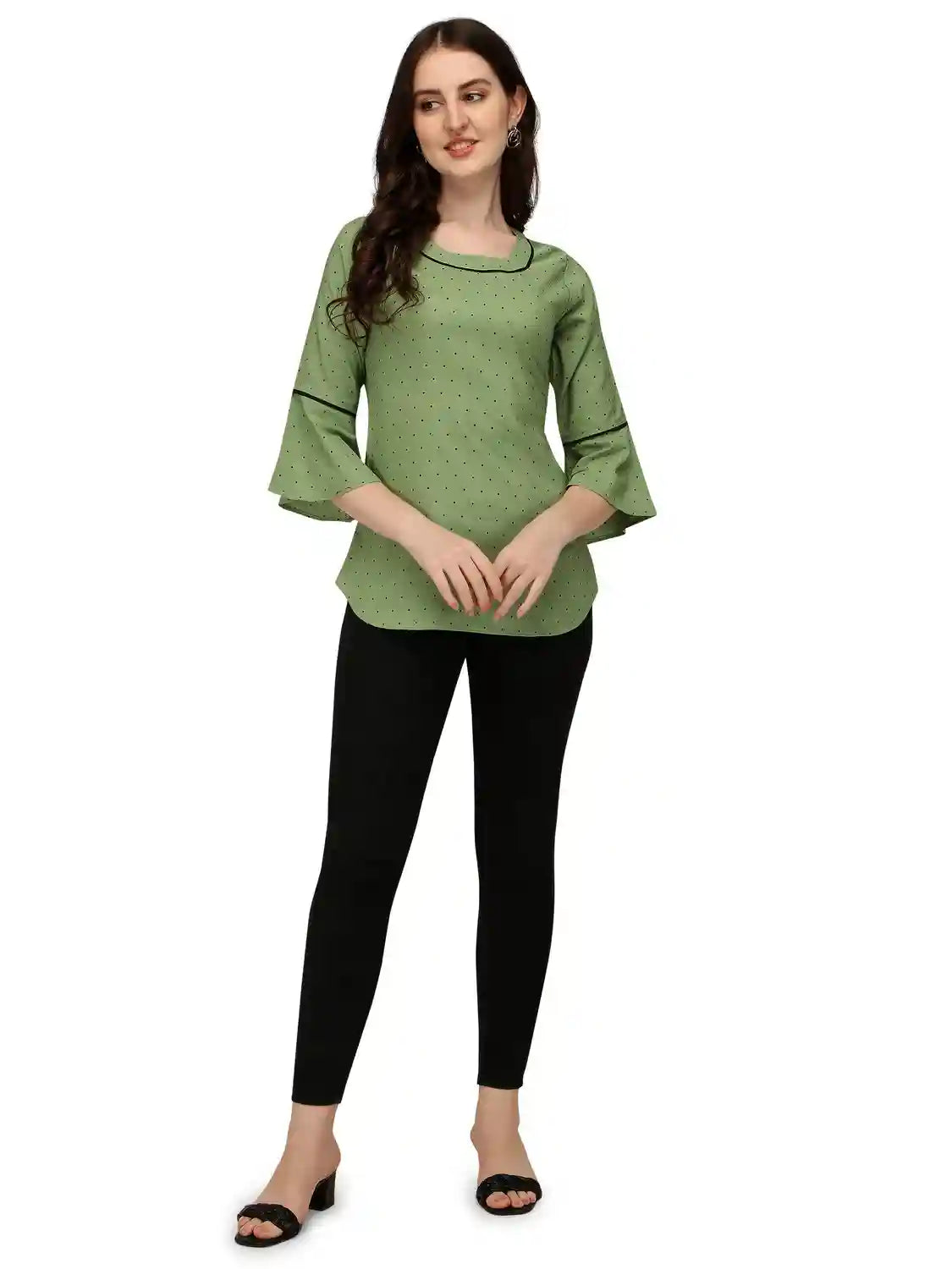 comfortable green hip-length tunic top with bell sleeves
