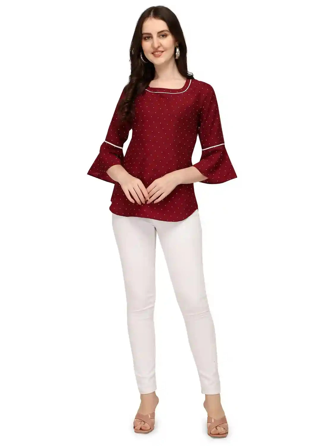 comfortable maroon crepe tunic top with hip length
