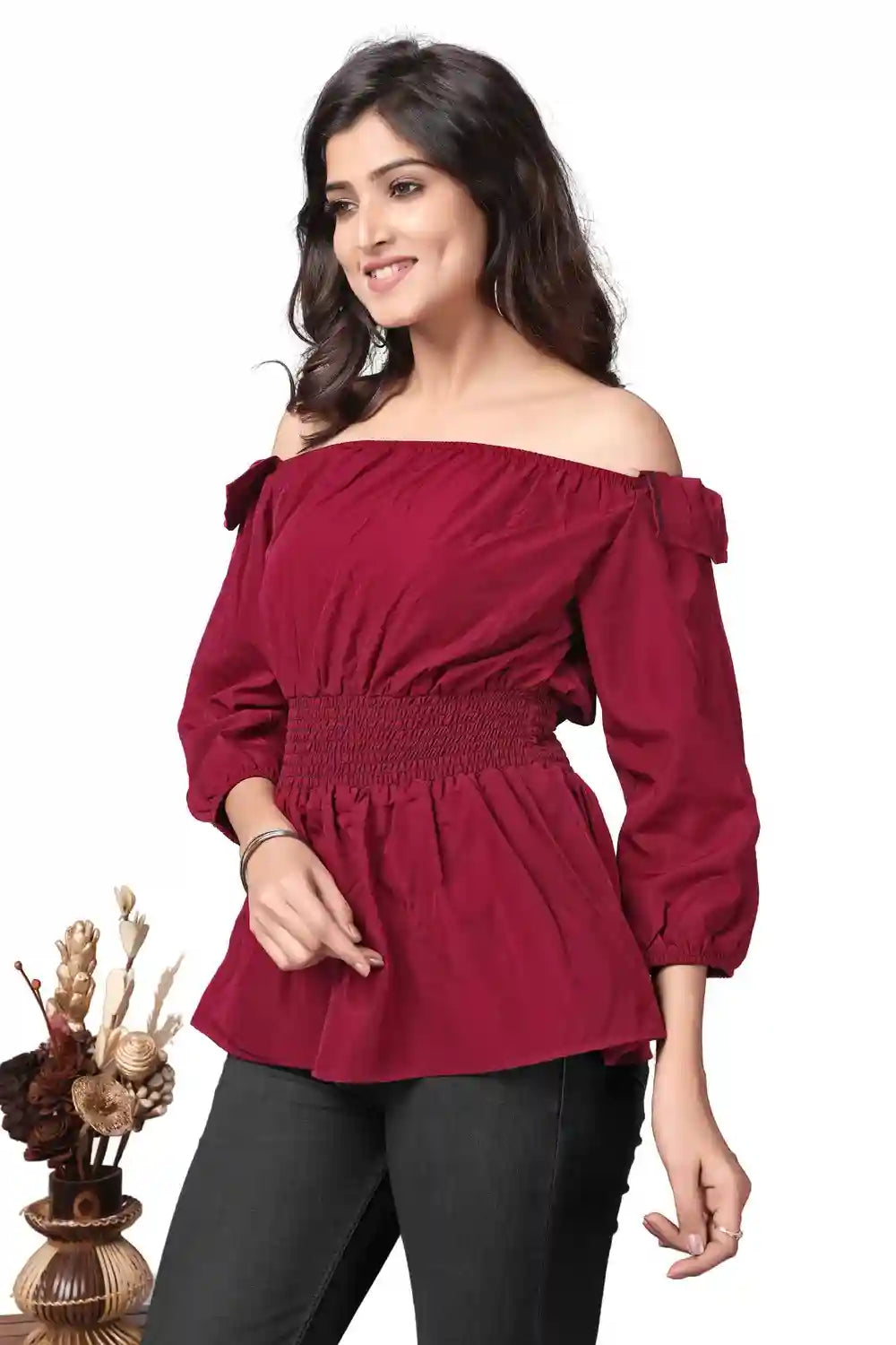 comfortable maroon off-shoulder top in crepe for casual and party wear
