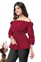 comfortable maroon off-shoulder top in crepe for casual and party wear
