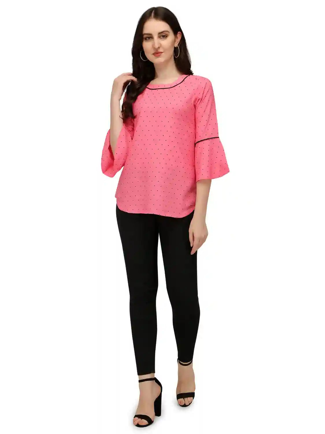 comfortable pink crepe hip length tunic with round neck
