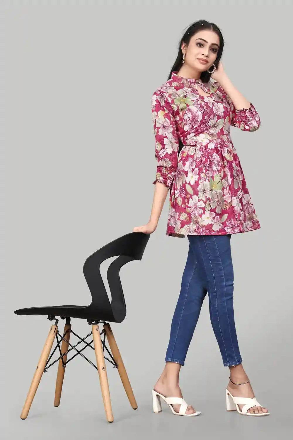 comfortable pink floral rayon tunic with stylish design
