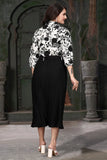 Black and white floral crepe dress with cowl neckline and full sleeves

