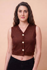 ZELZIS Women's Brown Polyester Ribbed V-Neck Crop Top