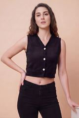 ZELZIS Women's Black Polyester Ribbed V-Neck Crop Top
