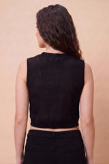 ZELZIS Women's Black Polyester Ribbed V-Neck Crop Top