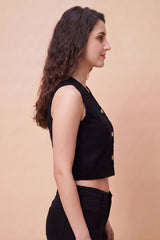 ZELZIS Women's Black Polyester Ribbed V-Neck Crop Top