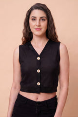 ZELZIS Women's Black Polyester Ribbed V-Neck Crop Top