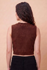 ZELZIS Women's Brown Polyester Ribbed V-Neck Crop Top