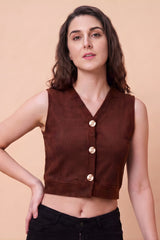 ZELZIS Women's Brown Polyester Ribbed V-Neck Crop Top