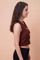 ZELZIS Women's Brown Polyester Ribbed V-Neck Crop Top