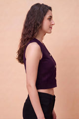 ZELZIS Women's Purple Polyester Ribbed V-Neck Crop Top