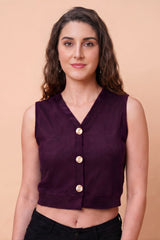 ZELZIS Women's Purple Polyester Ribbed V-Neck Crop Top