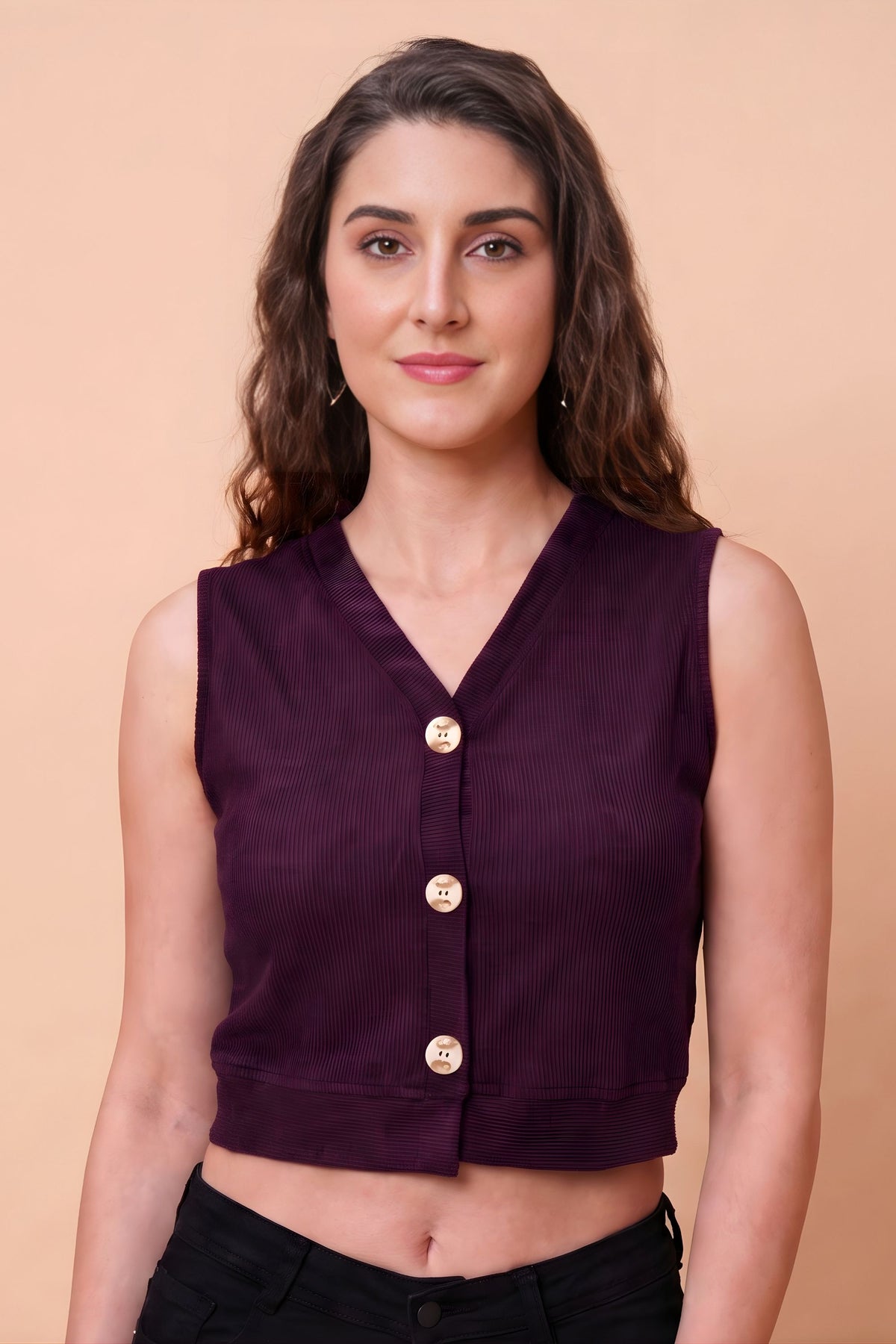 ZELZIS Women's Purple Polyester Ribbed V-Neck Crop Top