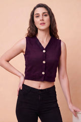 ZELZIS Women's Purple Polyester Ribbed V-Neck Crop Top