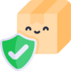 Carton box with a smiling face and a green check mark on a white background