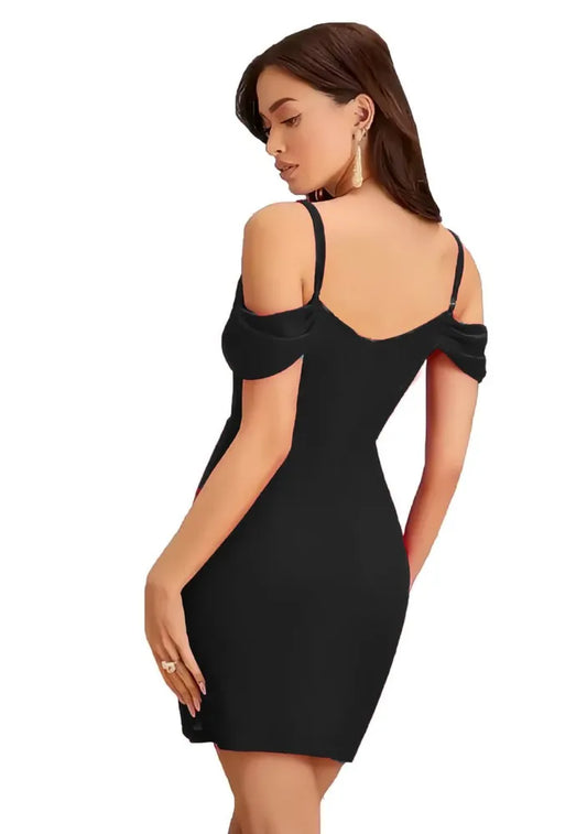 Elegant black knee-length shoulder strap solid dress by ZELZIS

