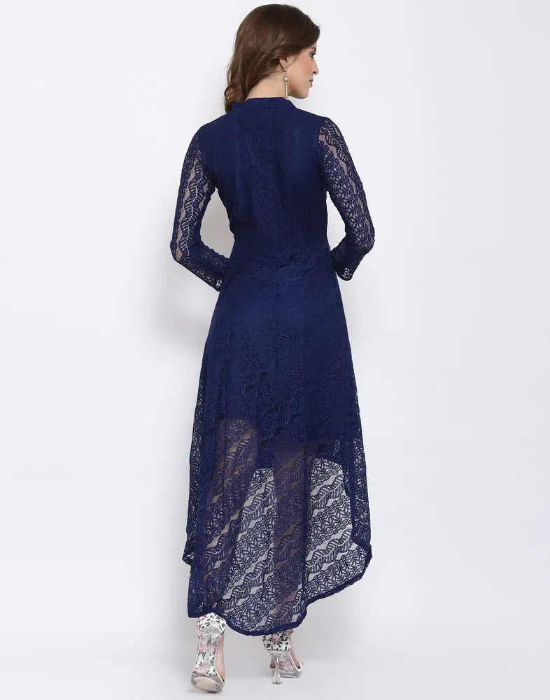 Elegant blue coding net high-low dress with inner crepe

