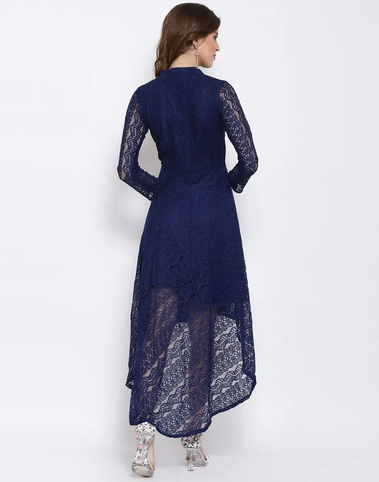 Elegant blue coding net high-low dress with inner crepe

