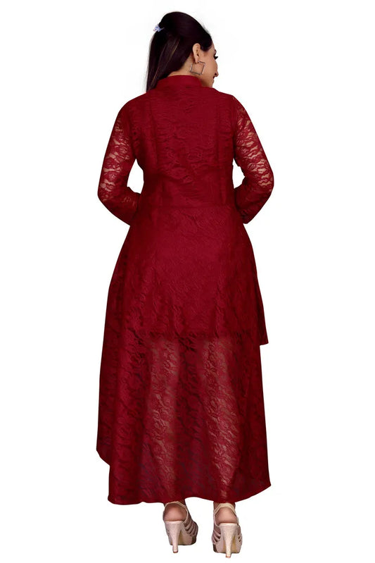 Elegant maroon net high low dress for women
