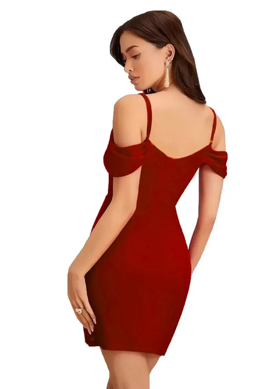 Elegant maroon knee length polyester dress with shoulder strap by ZELZIS

