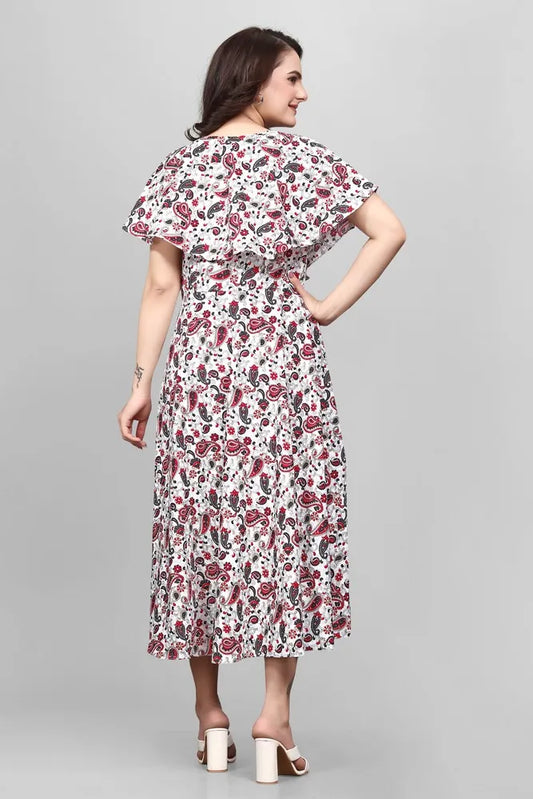 Elegant red mango floral flared sleeve maxi dress made of crepe by ZELZIS

