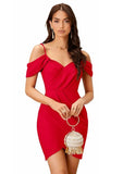 Elegant red shoulder strap knee-length dress for casual and party wear by ZELZIS

