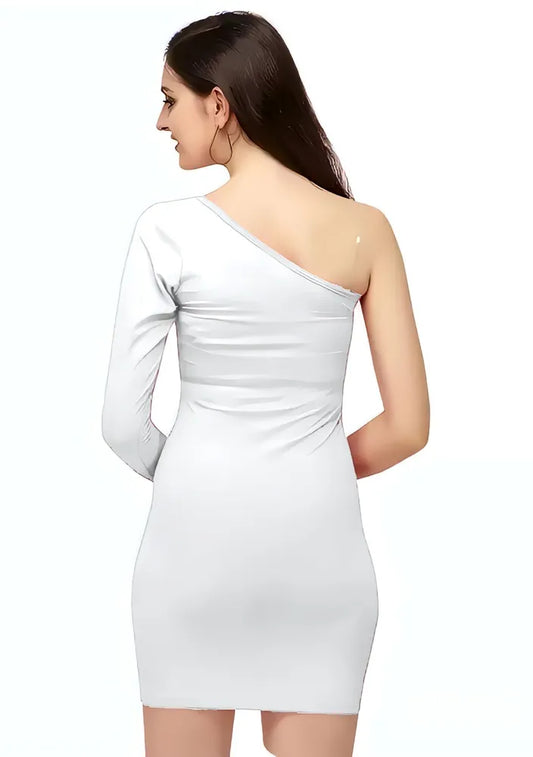 Elegant white knee-length one shoulder solid dress by ZELZIS

