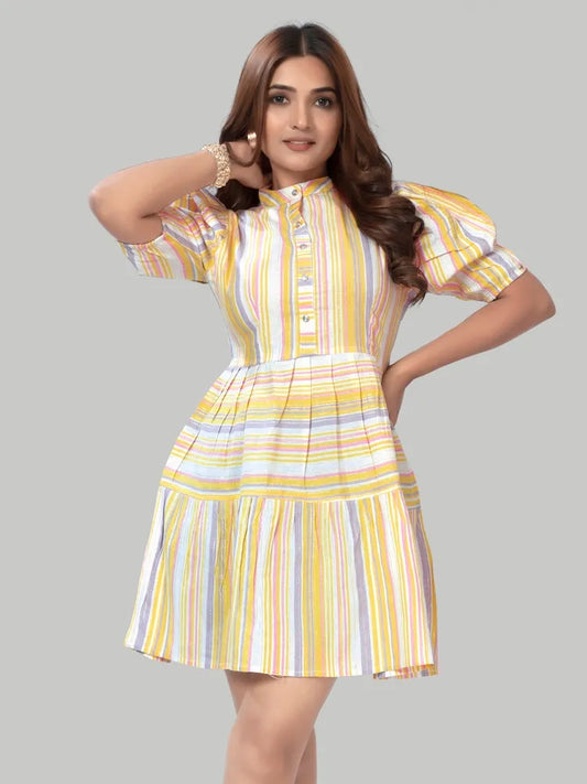 Elegant yellow stripe fit and flare party wear dress

