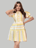 Elegant yellow stripe fit and flare party wear dress

