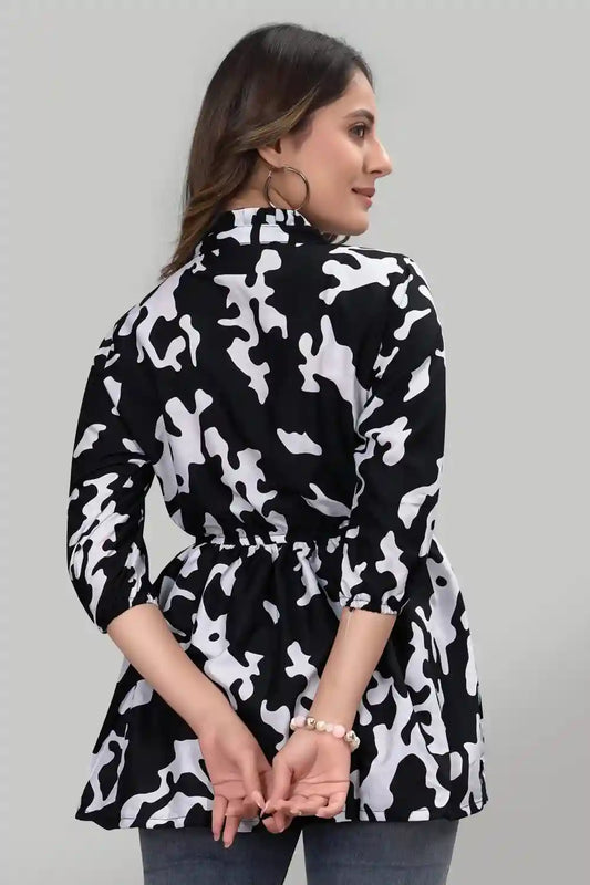 elegant black crepe tunic with ruffle neck for casual wear
