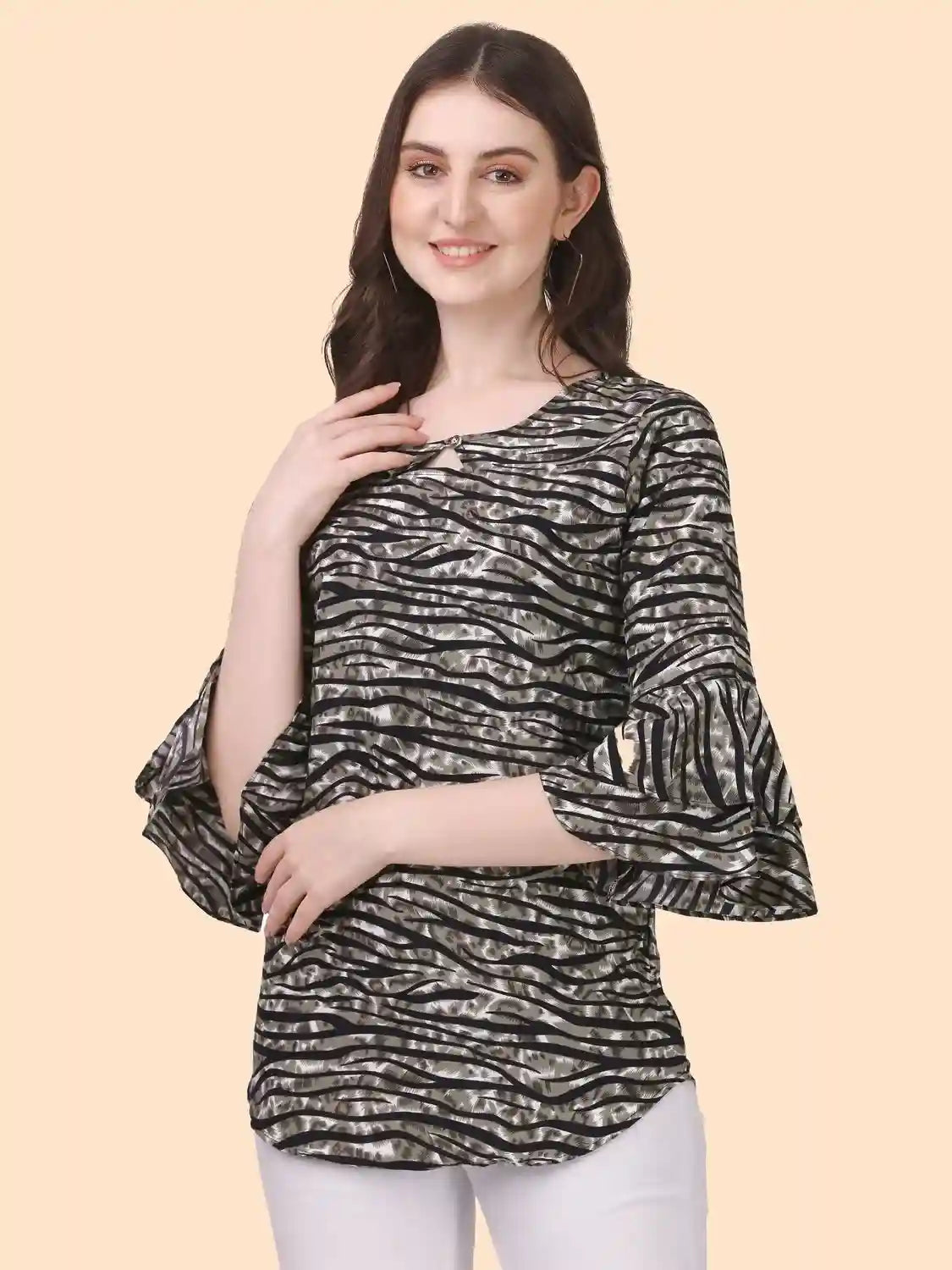 elegant black crepe tunic with striped pattern for casual wear
