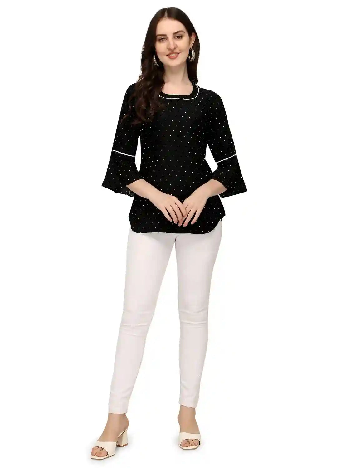 elegant black round neck tunic top with bell sleeves
