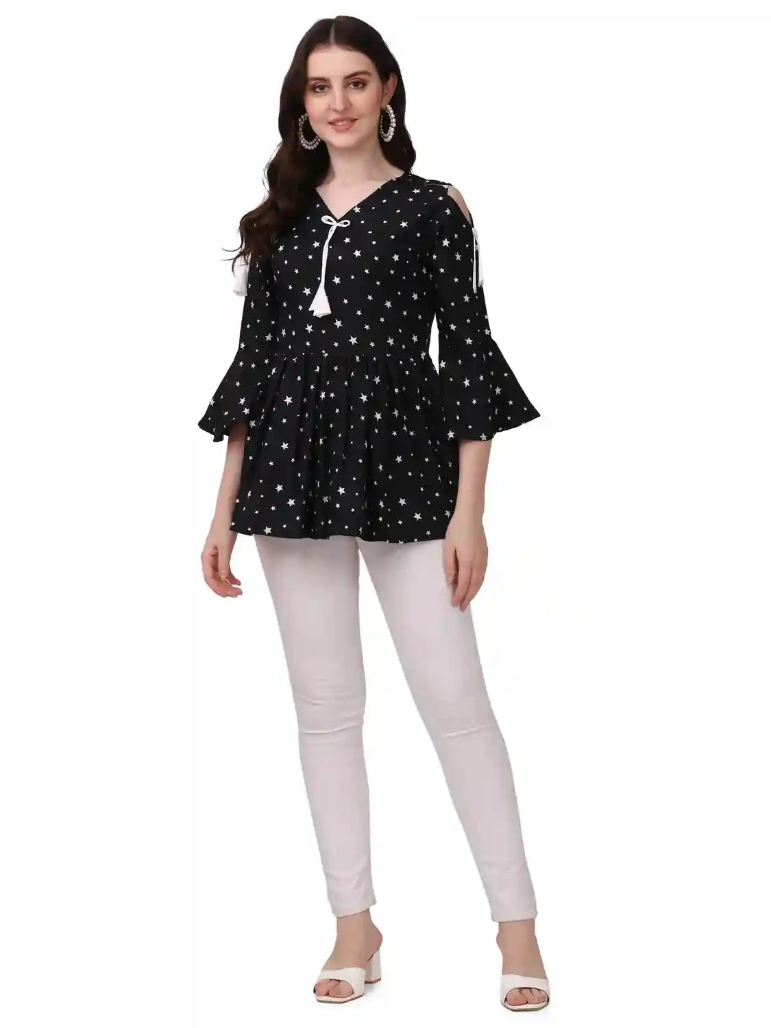 elegant black star pattern tunic with trendy cutout detailing
