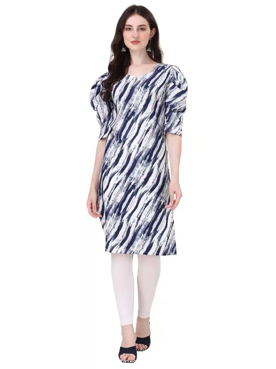 elegant blue color mix crepe kurti with puff sleeves
