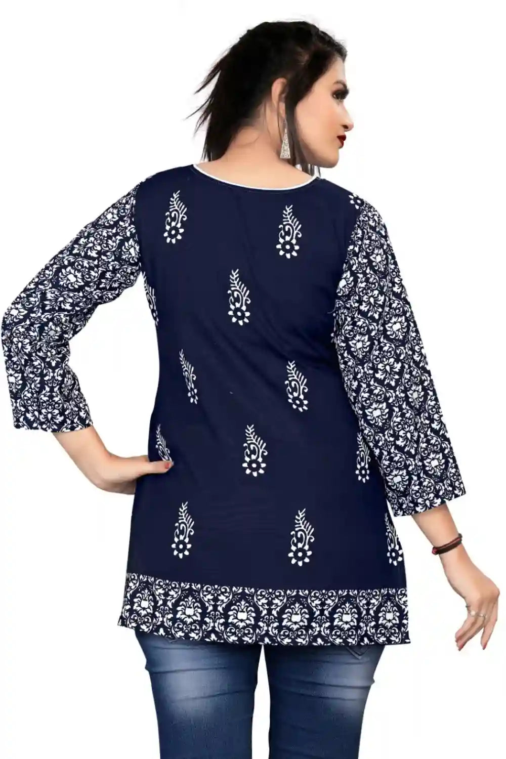 elegant blue digital printed tunic top with regular sleeves
