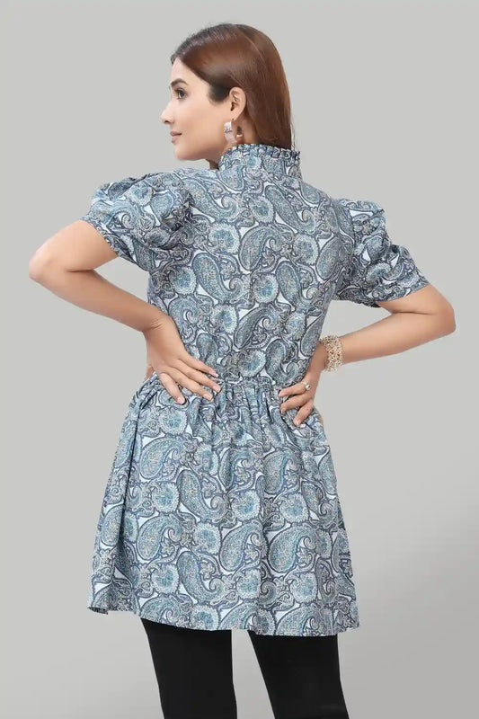 elegant blue floral ruffle collar crepe top for casual wear
