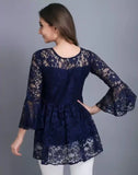 elegant blue self-design russle net top with crepe inner for women
