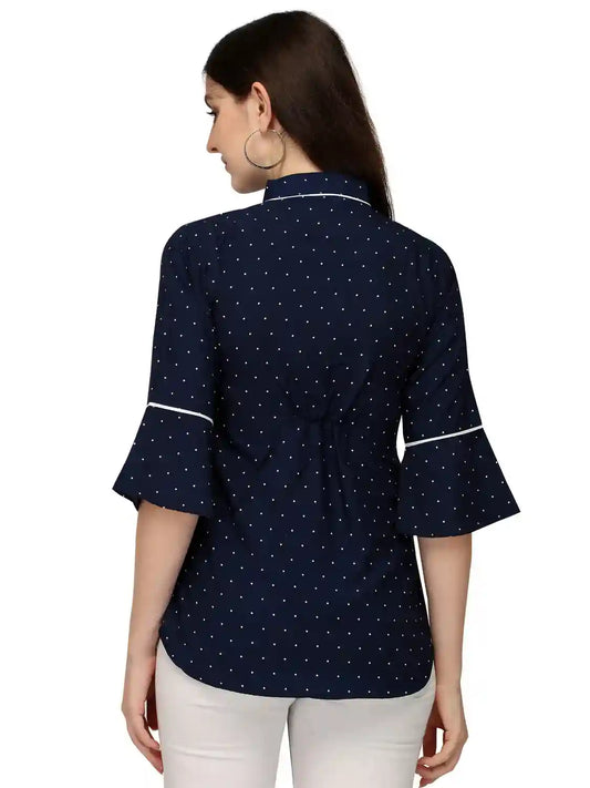 elegant blue tunic top with collar neck and bell sleeves
