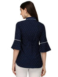 elegant blue tunic top with collar neck and bell sleeves
