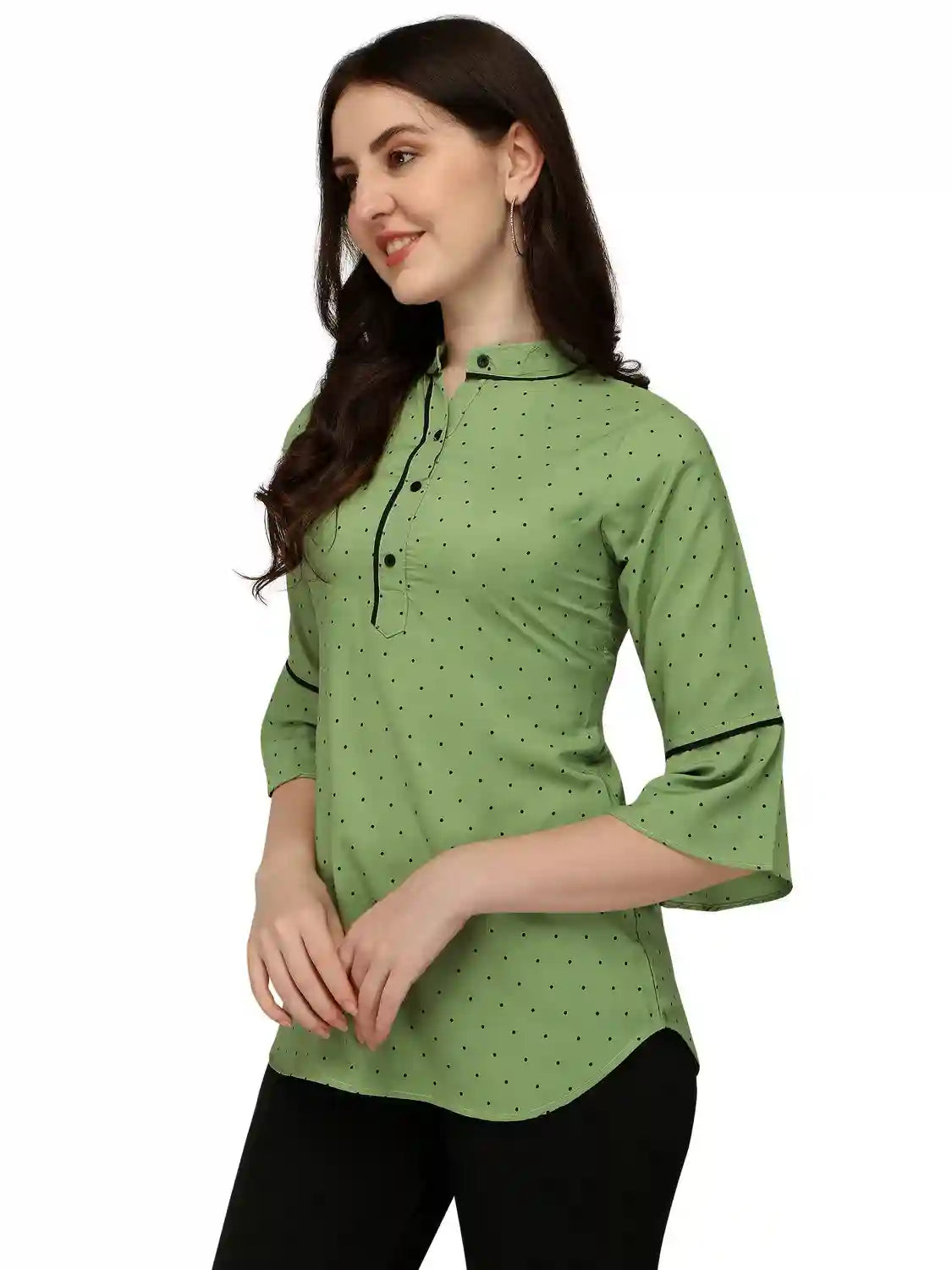 elegant green polka dot tunic top with bell sleeves
