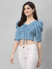 elegant light blue polyester crop top for casual and party wear
