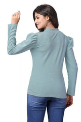 elegant light green solid t-shirt with puff sleeve design for women
